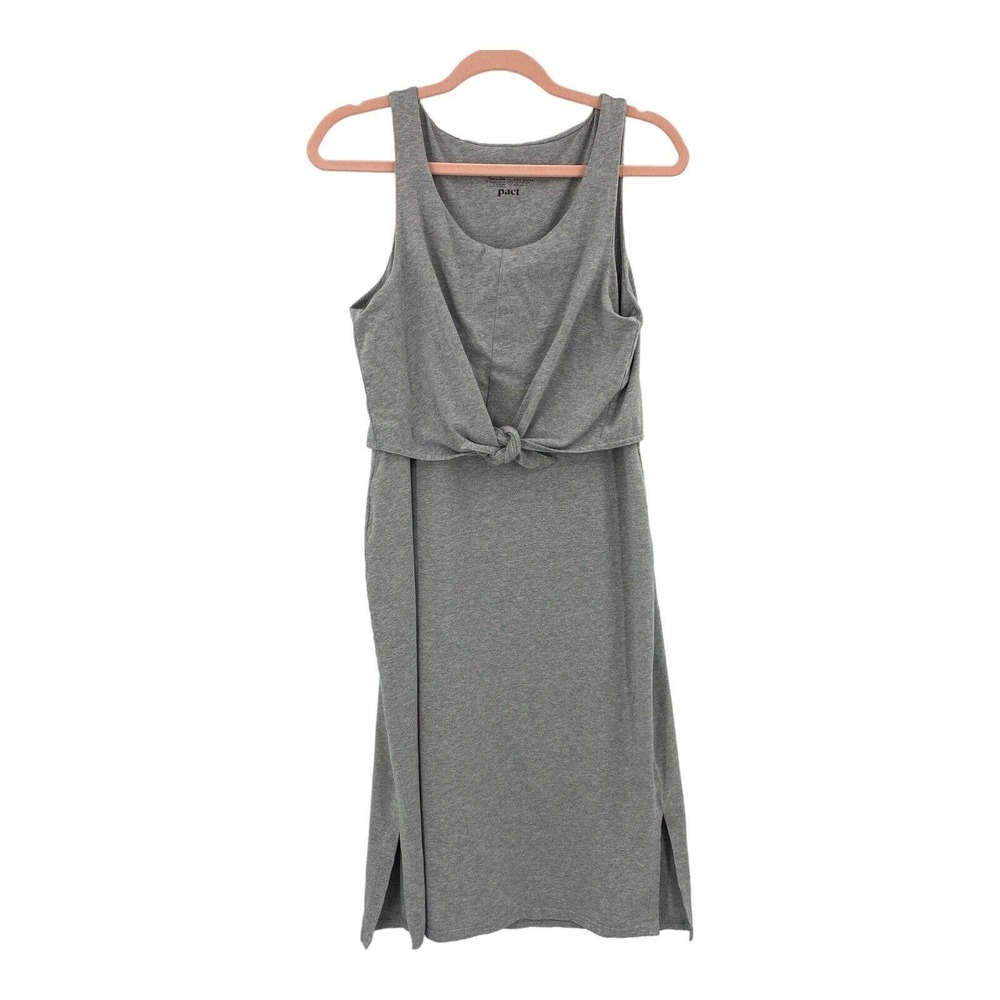 Pact Apparel Women Tie-Front Midi Dress Heather Gray Organic Cotton Size Medium